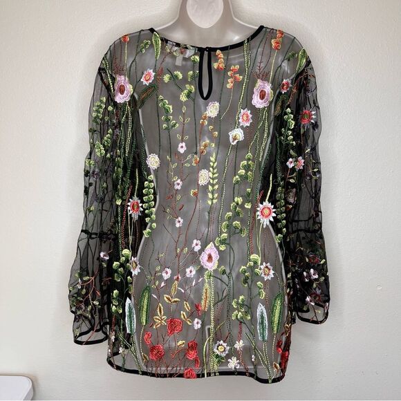 Adiva Black Netting Embroidered Floral Vine Bell Sleeve Sheer Blouse Women 1X - Picture 6 of 13